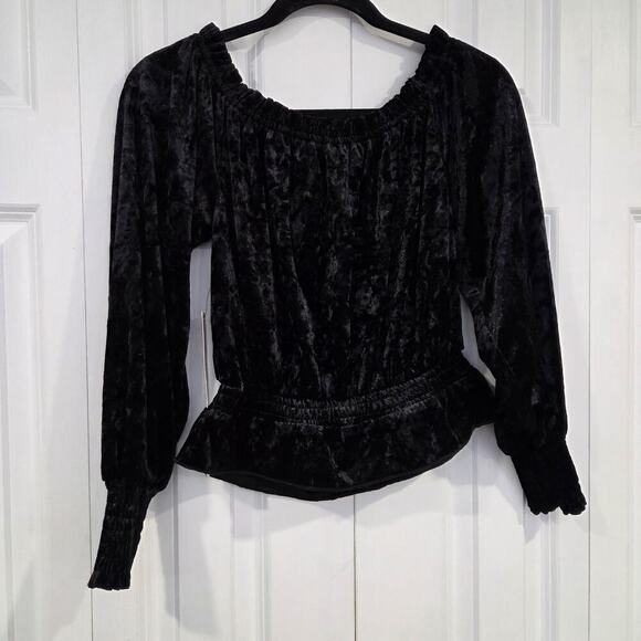 Lulus Black Velvet Burnout Crop Long Sleeve XS Scoop Neck - Picture 2 of 7